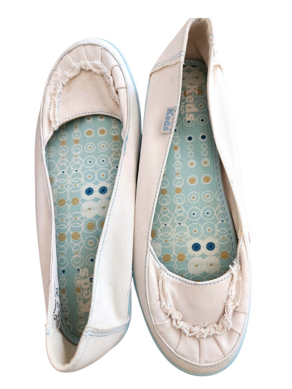 Keds Off-White Blue Canvas Distressed Ballet Flats Slip Ons VGUC Womens Size 8.5 - Picture 2 of 12